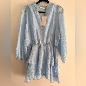 Zara Blue Tiered Mini Dress XL Long Sleeve Smocked Waist Boho Flowy NWT